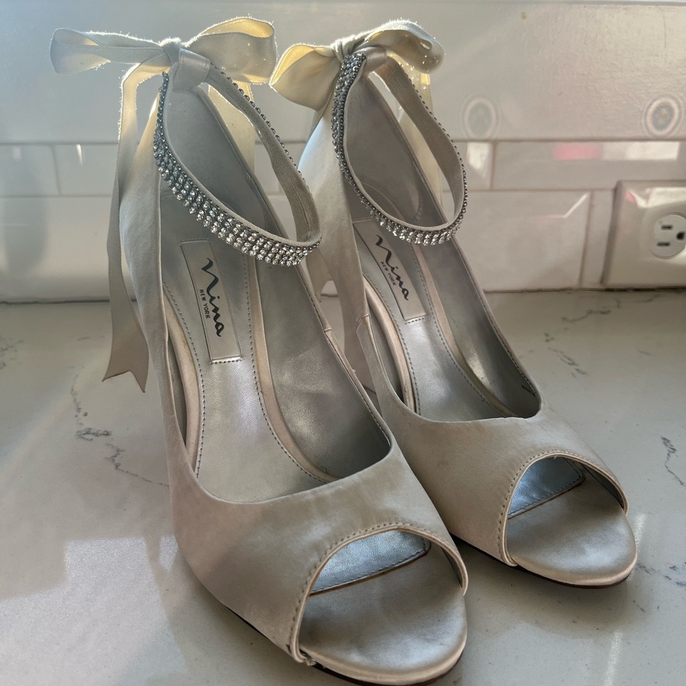 Nina cream wedge heels with crystal ankle strap